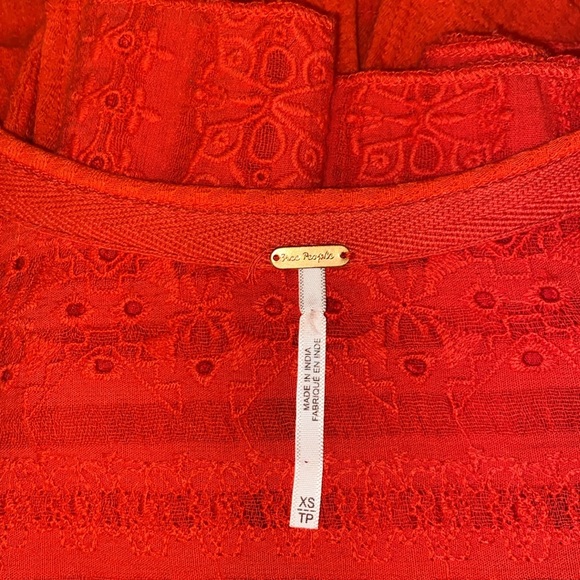 Free People Red Eyelet Lace Wide Bell Sleeve Waffle Knit Thermal Top - Picture 8 of 12